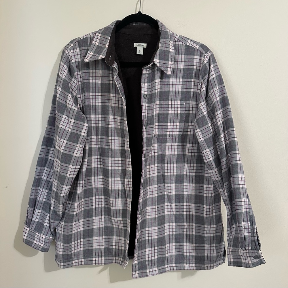 L.L. Bean Gray Purple Fleeced Lined Flannel Womens M